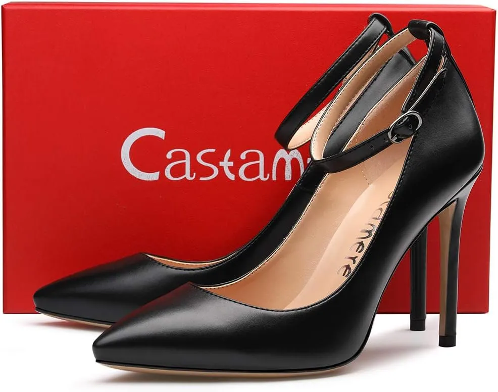 Castamere Womens Ankle Strap Pumps Pointed Toe Slip-on High Heels 10CM Heels