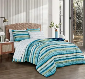 Chezmoi Collection Marvin 7-Piece Coastal Lodge Bed in a Bag King Comforter Set - Green Blue White Striped Printed Microfiber Bedding Set