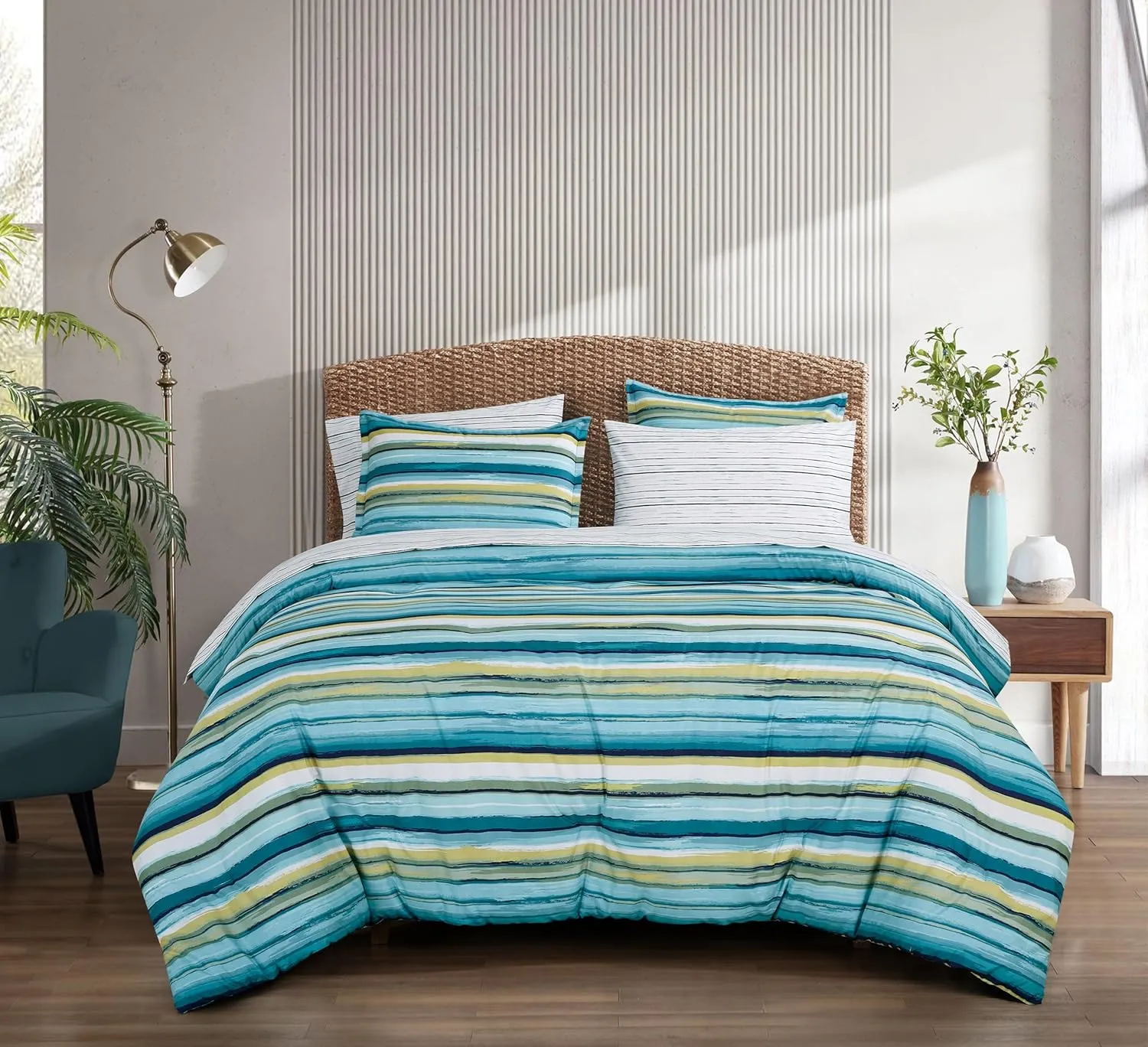 Chezmoi Collection Marvin 7-Piece Coastal Lodge Bed in a Bag King Comforter Set - Green Blue White Striped Printed Microfiber Bedding Set