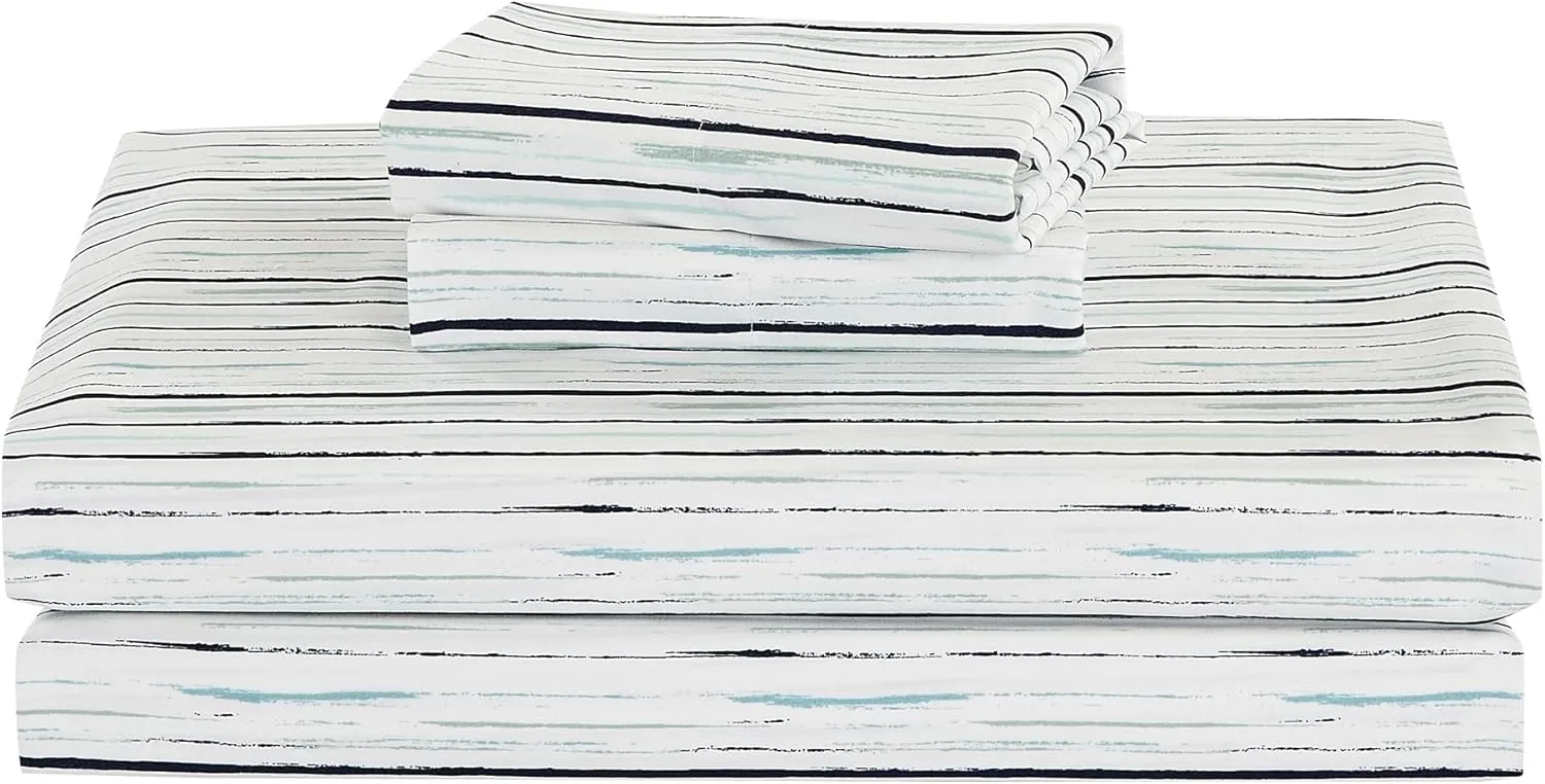 Chezmoi Collection Marvin 7-Piece Coastal Lodge Bed in a Bag King Comforter Set - Green Blue White Striped Printed Microfiber Bedding Set