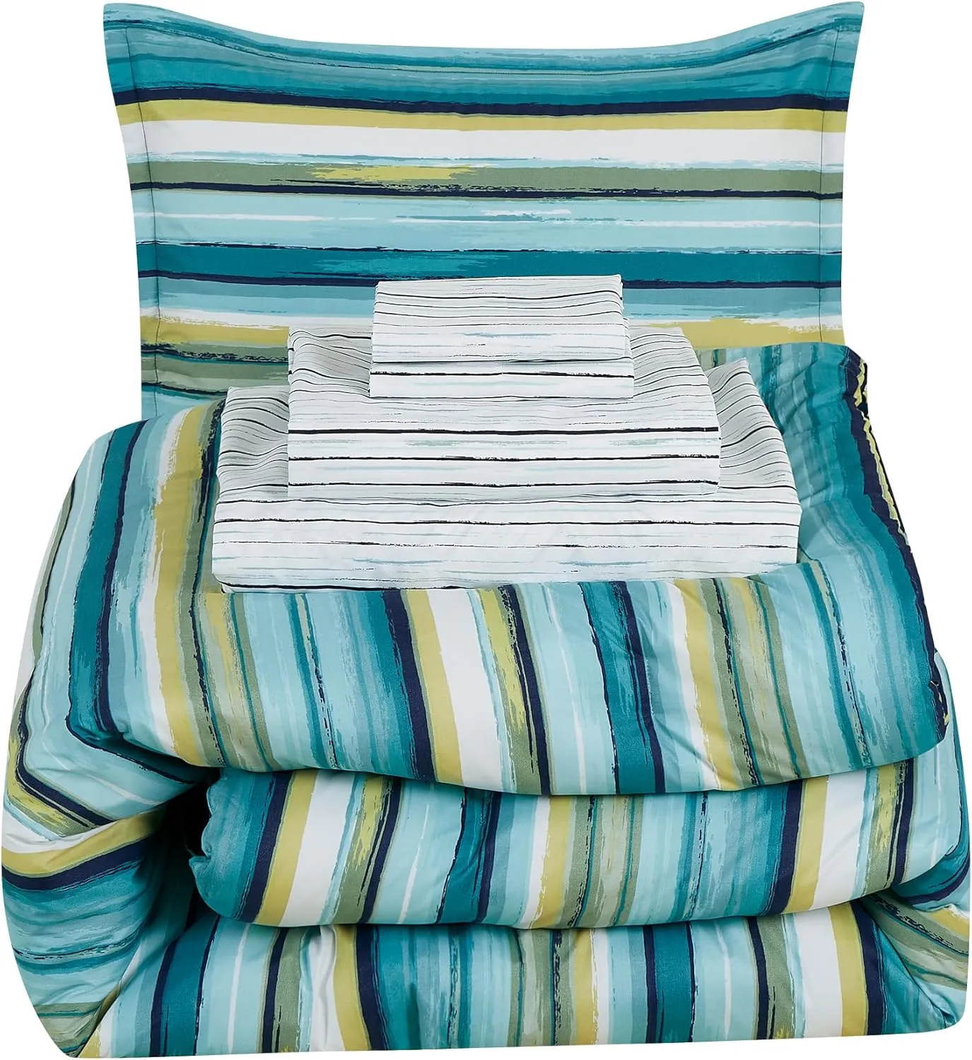 Chezmoi Collection Marvin 7-Piece Coastal Lodge Bed in a Bag King Comforter Set - Green Blue White Striped Printed Microfiber Bedding Set