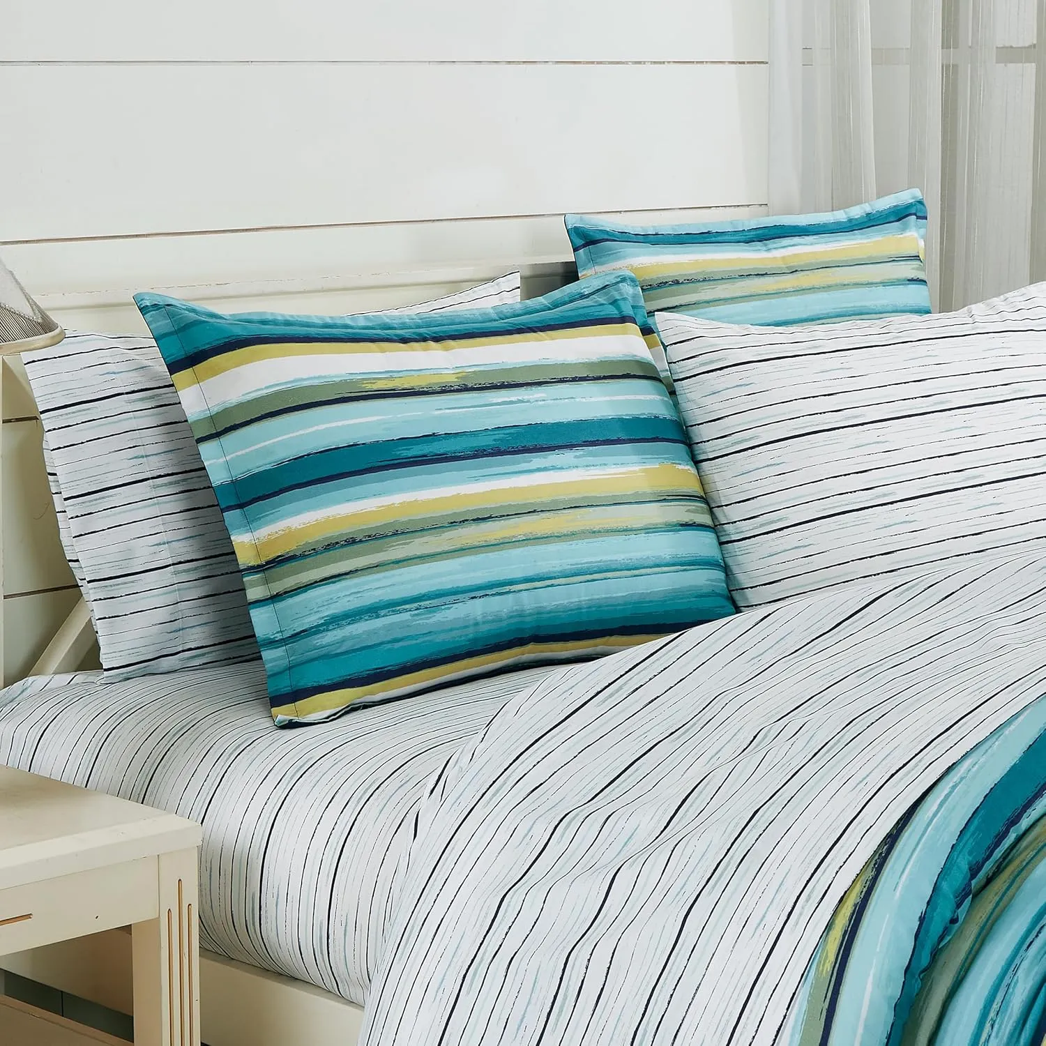 Chezmoi Collection Marvin 7-Piece Coastal Lodge Bed in a Bag King Comforter Set - Green Blue White Striped Printed Microfiber Bedding Set