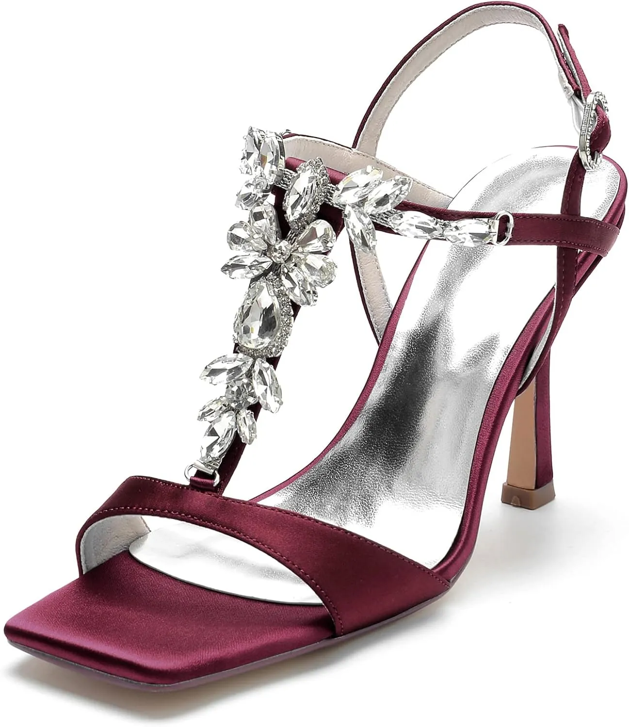 Cocktail Party Evening High Heel Stilettos Wedding Rhinestones Sandals T-Strap Crystal Prom Open Toe Satin Pumps for Women 9.5Cm