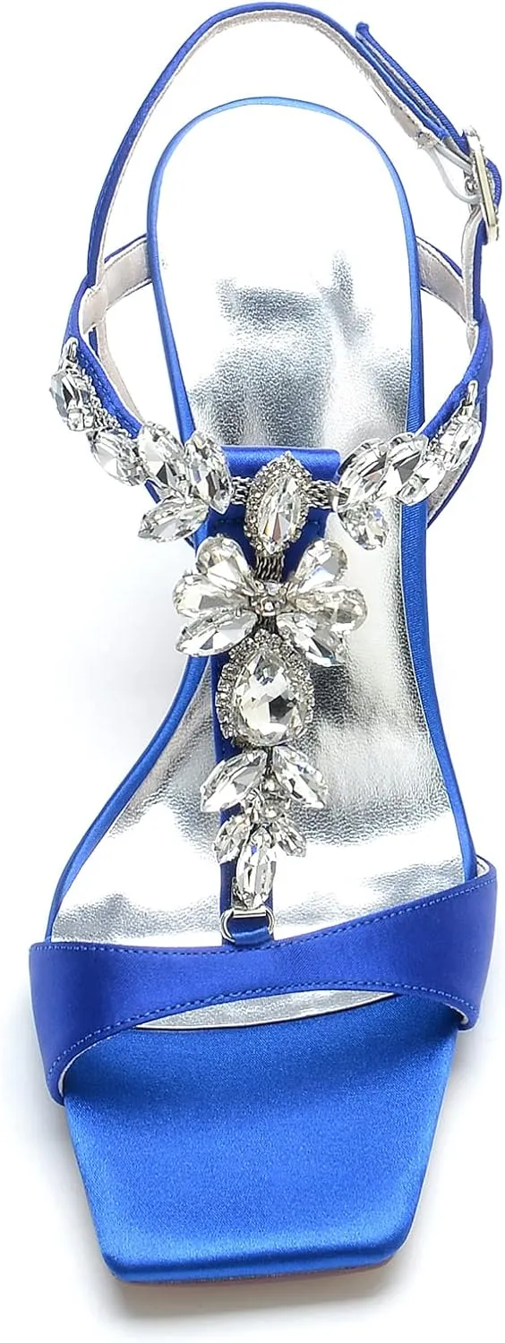 Cocktail Party Evening High Heel Stilettos Wedding Rhinestones Sandals T-Strap Crystal Prom Open Toe Satin Pumps for Women 9.5Cm