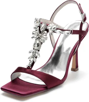 Cocktail Party Evening High Heel Stilettos Wedding Rhinestones Sandals T-Strap Crystal Prom Open Toe Satin Pumps for Women 9.5Cm