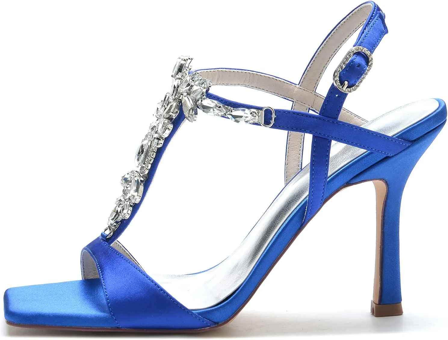 Cocktail Party Evening High Heel Stilettos Wedding Rhinestones Sandals T-Strap Crystal Prom Open Toe Satin Pumps for Women 9.5Cm