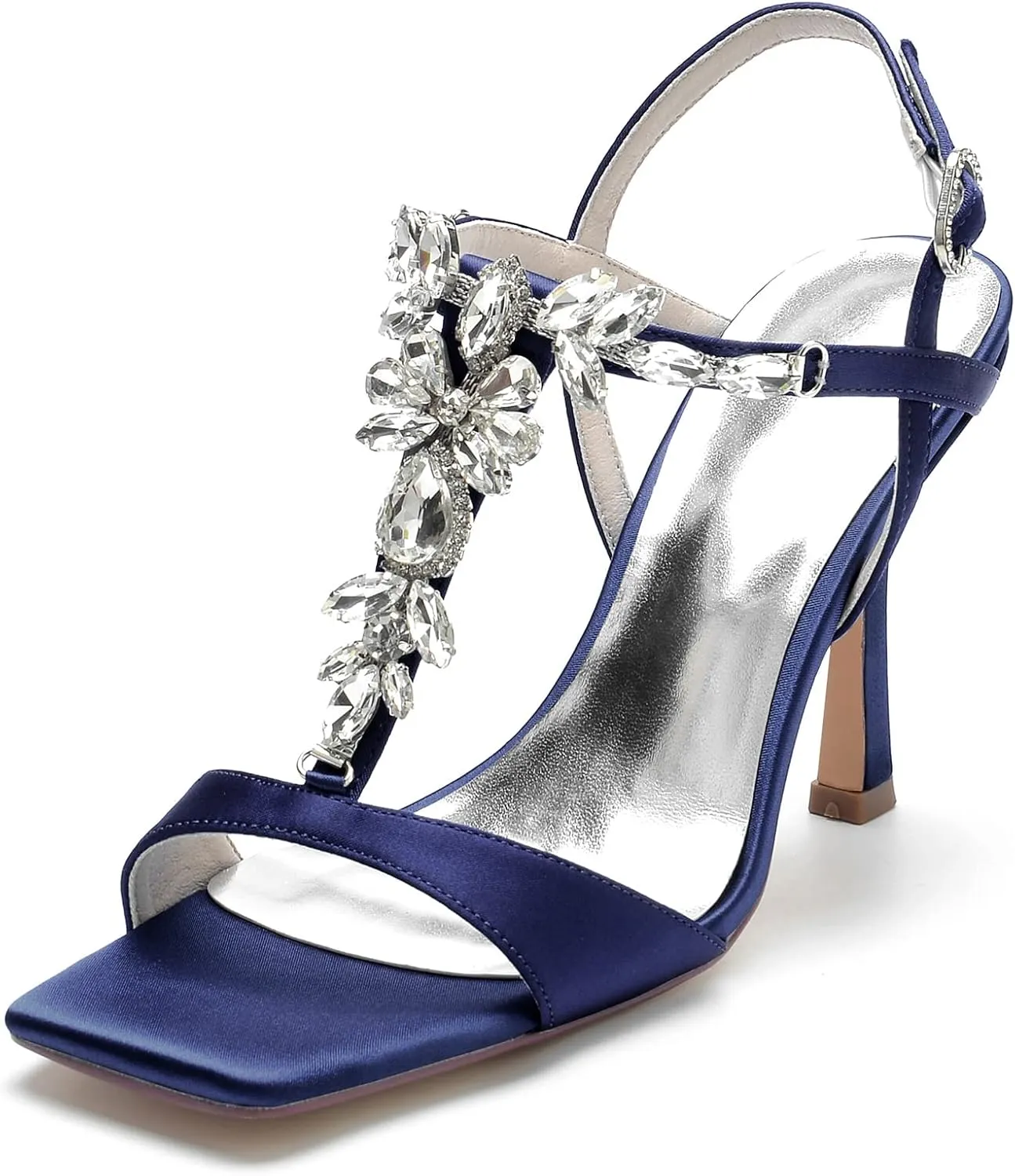 Cocktail Party Evening High Heel Stilettos Wedding Rhinestones Sandals T-Strap Crystal Prom Open Toe Satin Pumps for Women 9.5Cm