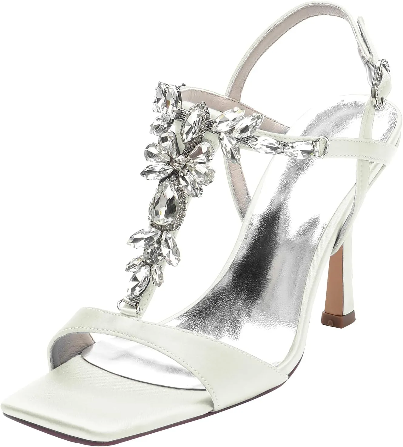 Cocktail Party Evening High Heel Stilettos Wedding Rhinestones Sandals T-Strap Crystal Prom Open Toe Satin Pumps for Women 9.5Cm