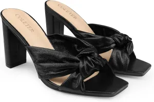 COLETER Women's Chunky Heeled Mules Bow Knot Square Toe Sandals Summer Evening Party Shoes