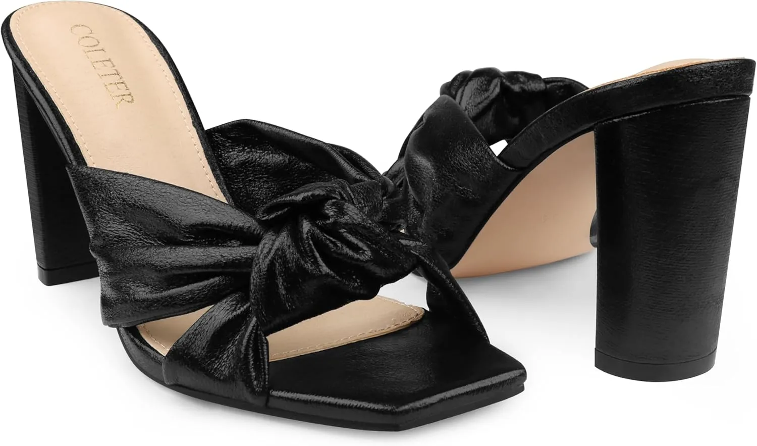 COLETER Women's Chunky Heeled Mules Bow Knot Square Toe Sandals Summer Evening Party Shoes