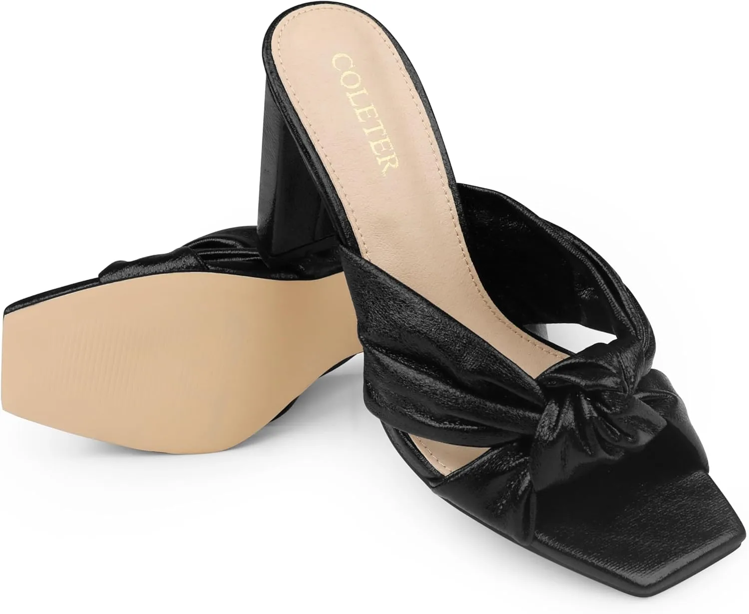 COLETER Women's Chunky Heeled Mules Bow Knot Square Toe Sandals Summer Evening Party Shoes