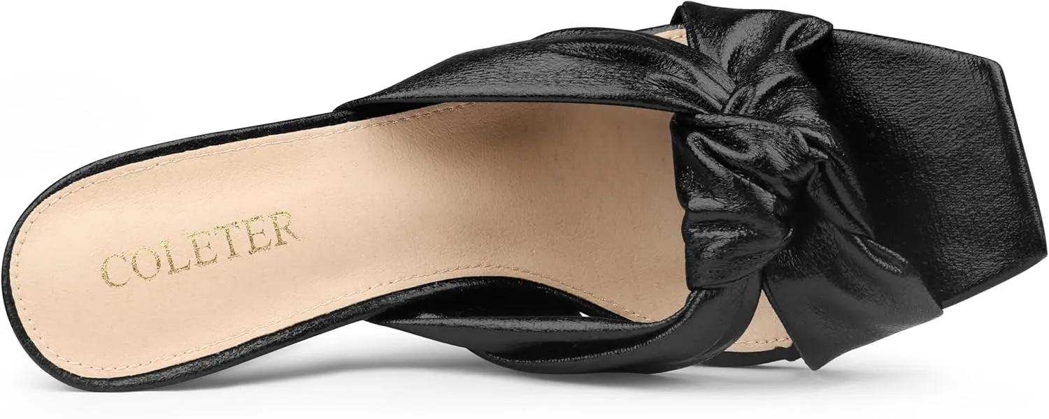 COLETER Women's Chunky Heeled Mules Bow Knot Square Toe Sandals Summer Evening Party Shoes