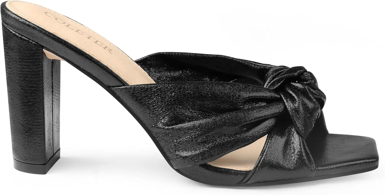 COLETER Women's Chunky Heeled Mules Bow Knot Square Toe Sandals Summer Evening Party Shoes