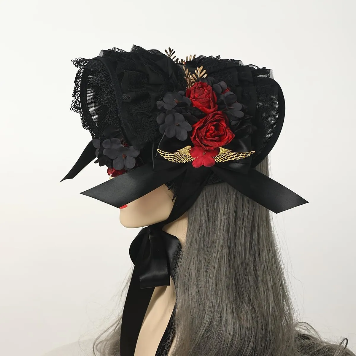 COSDREAMER Women Victorian Hat Tea Party Lace Ribbons Hat Black