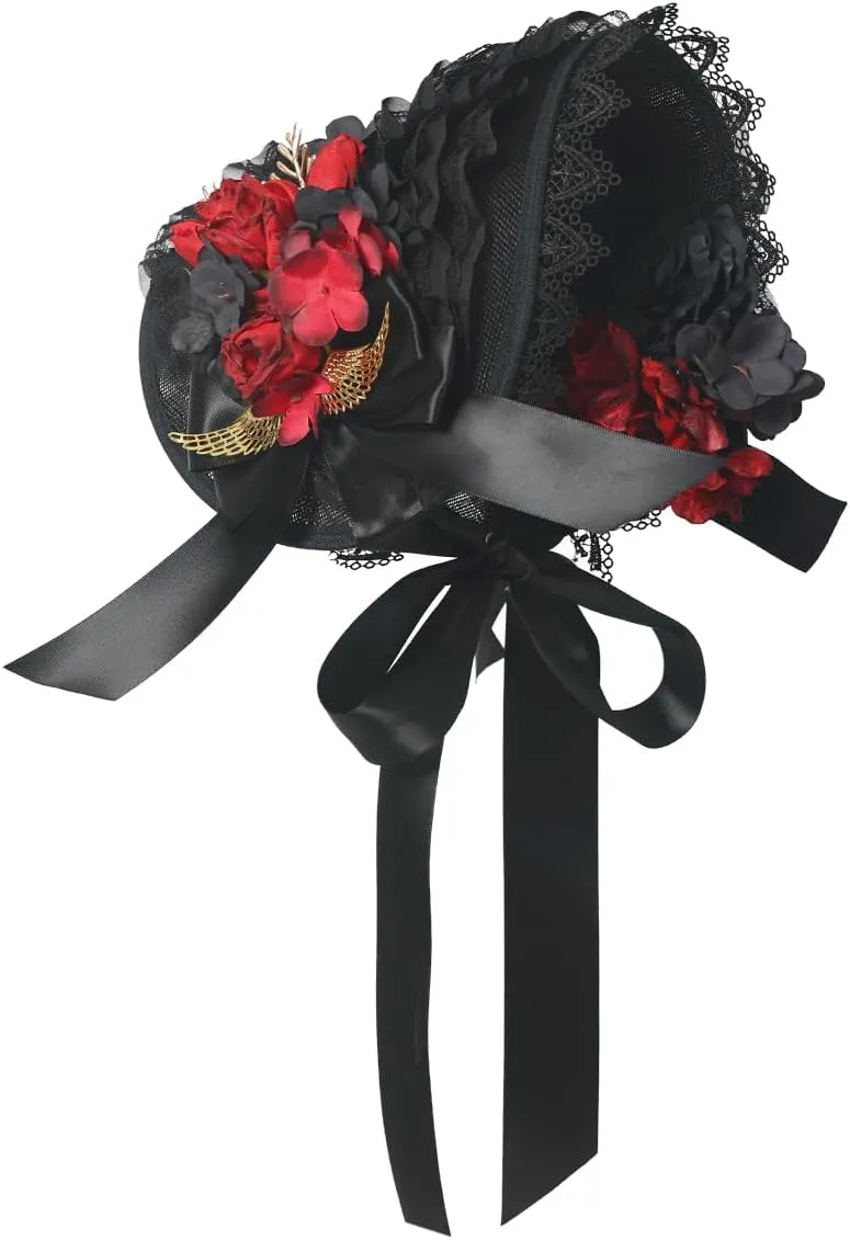 COSDREAMER Women Victorian Hat Tea Party Lace Ribbons Hat Black