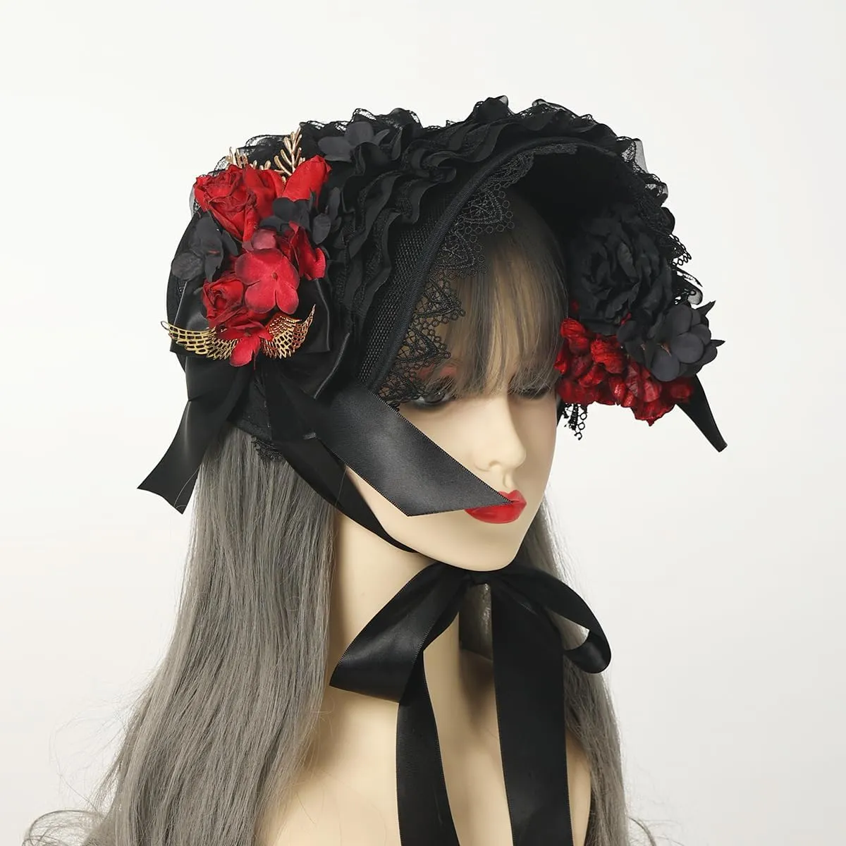 COSDREAMER Women Victorian Hat Tea Party Lace Ribbons Hat Black