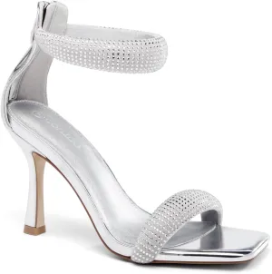 Coutgo Women's One Strap Heeled Sandals Square Open Toe Stiletto Heels Ankle Buckle Strap Summer Pump Shoes
