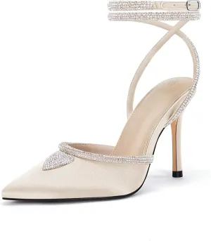 Coutgo Women's Rhinestone Heels Pointed Toe Lace Up Stilettos Ankle Buckle Strap Dress Party Wedding Pump Shoes