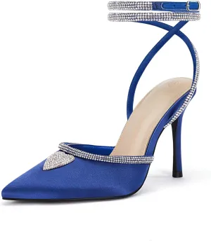 Coutgo Women's Rhinestone Heels Pointed Toe Lace Up Stilettos Ankle Buckle Strap Dress Party Wedding Pump Shoes
