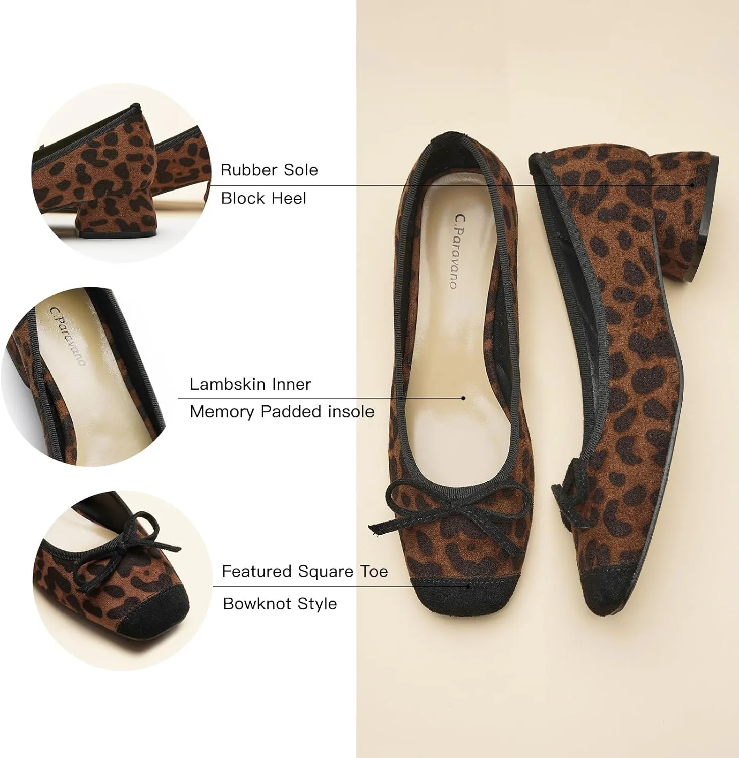 C.Paravano Women's Pump | Square Toe Low Block Heels | Closed Toe Chunky Heels | Leather Low Heel Pumps | Dress Wedding Shoes