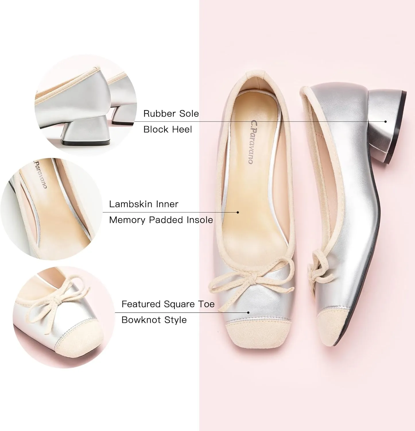 C.Paravano Women's Pump | Square Toe Low Block Heels | Closed Toe Chunky Heels | Leather Low Heel Pumps | Dress Wedding Shoes