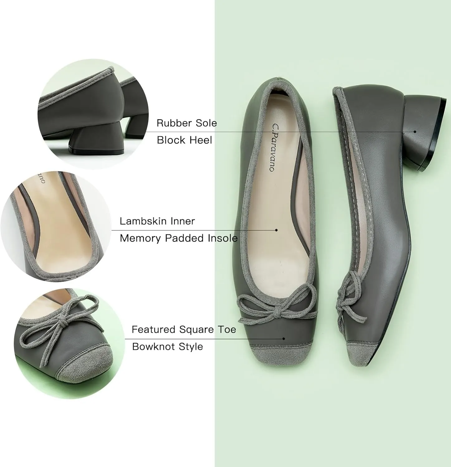 C.Paravano Women's Pump | Square Toe Low Block Heels | Closed Toe Chunky Heels | Leather Low Heel Pumps | Dress Wedding Shoes