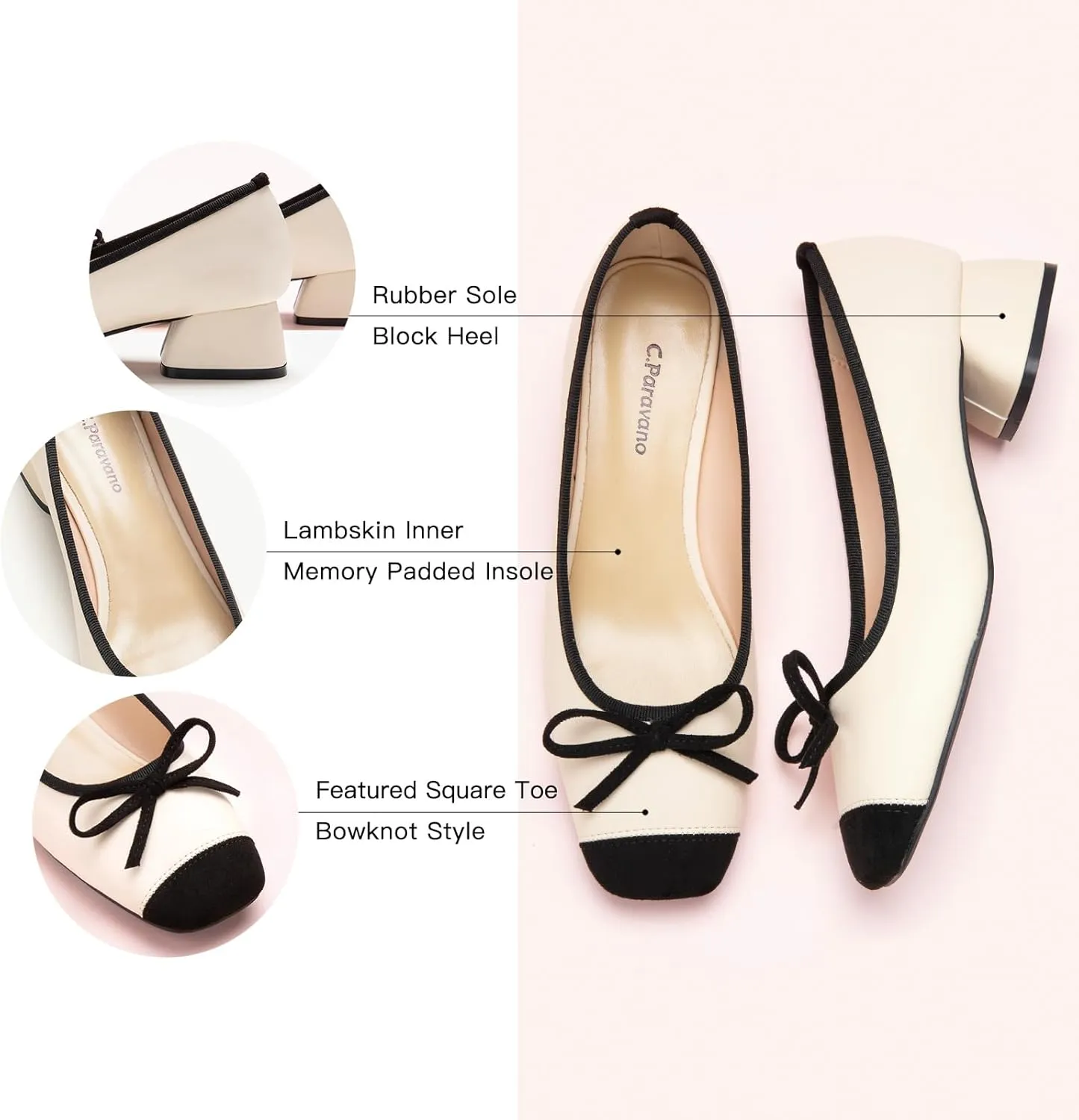 C.Paravano Women's Pump | Square Toe Low Block Heels | Closed Toe Chunky Heels | Leather Low Heel Pumps | Dress Wedding Shoes