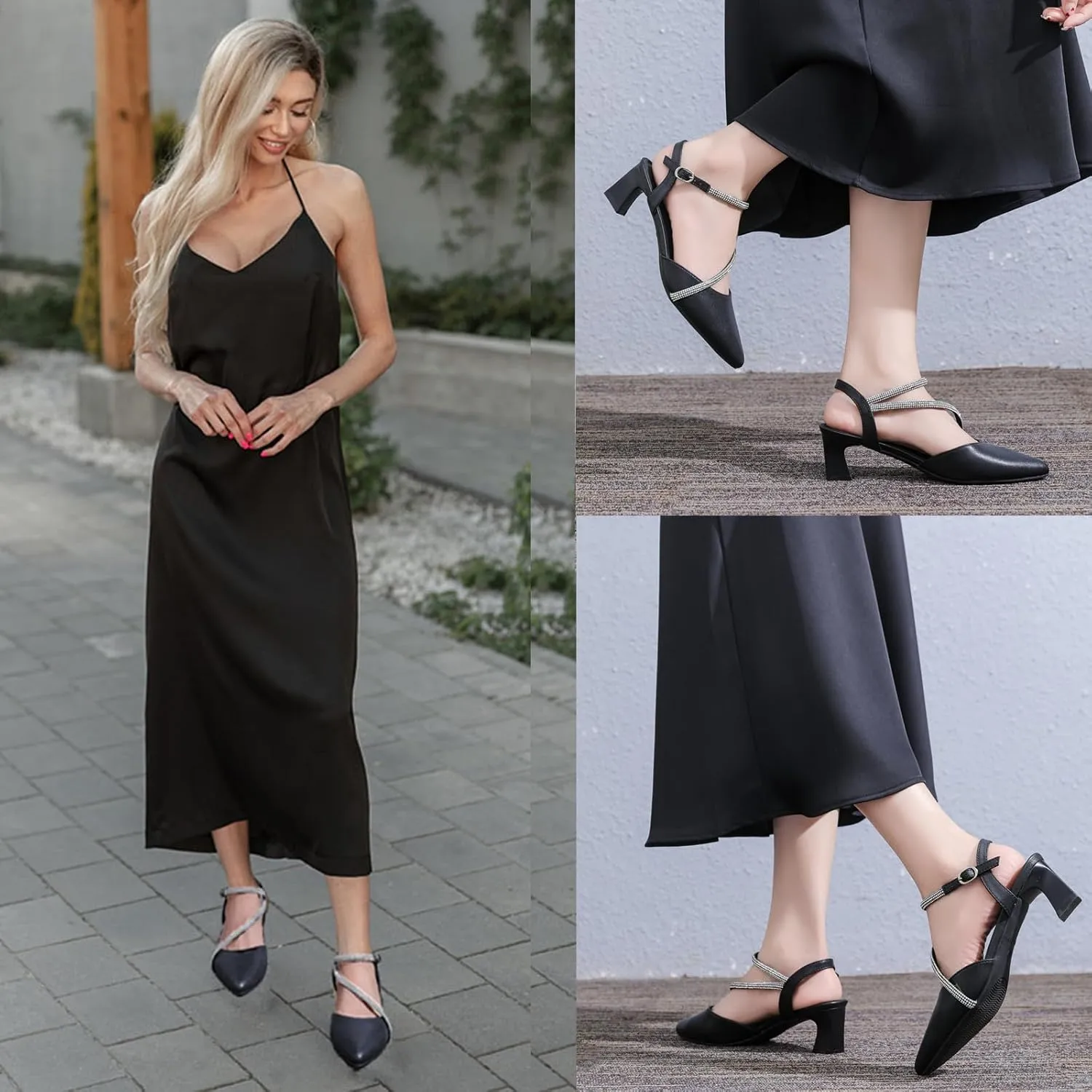 DADAWEN Women's Slingback Low Chunky Heels Closed Pointed Toe Rhinestone Ankle Strap Wedding Party Dress Pump Shoes