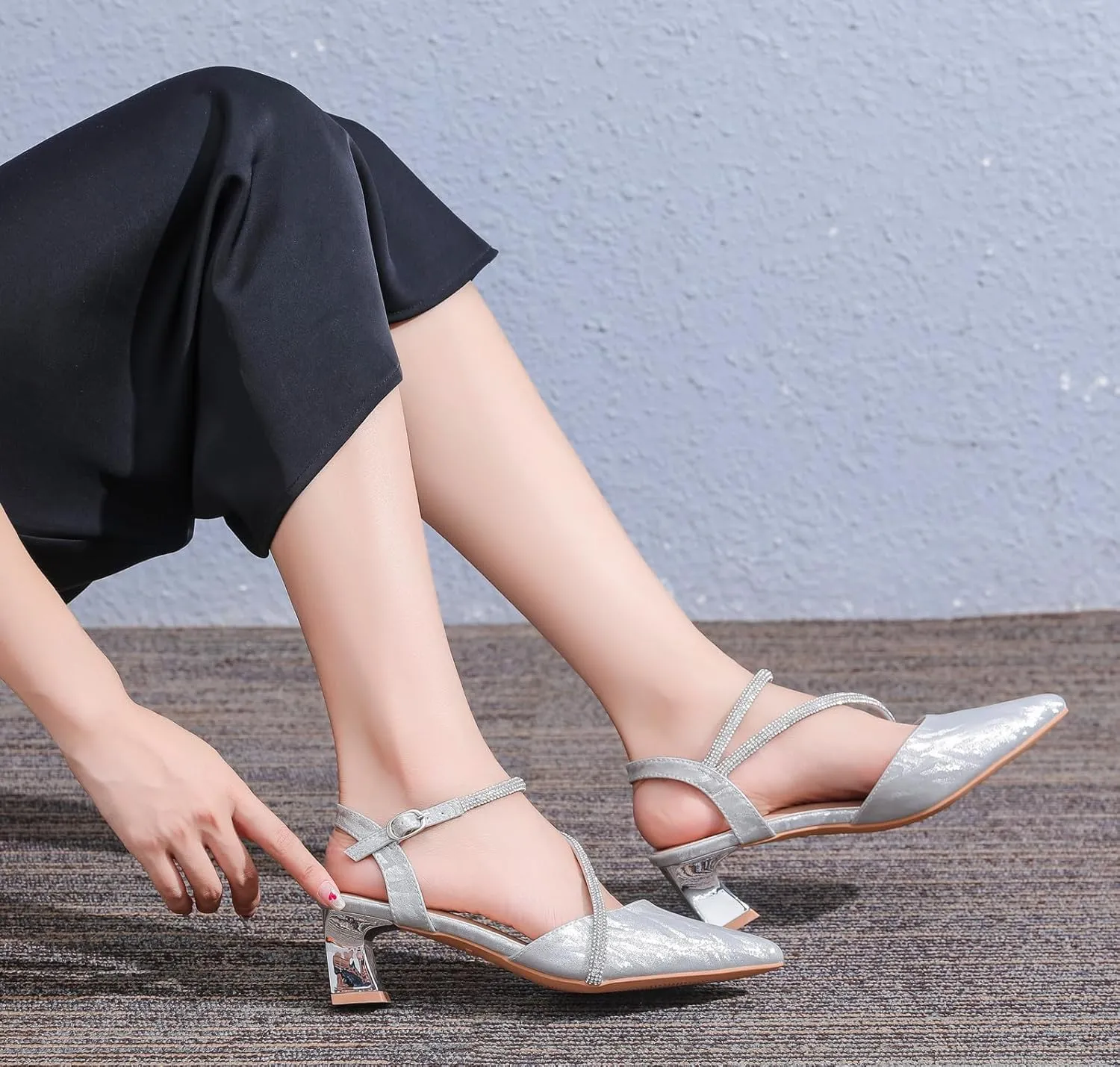 DADAWEN Women's Slingback Low Chunky Heels Closed Pointed Toe Rhinestone Ankle Strap Wedding Party Dress Pump Shoes