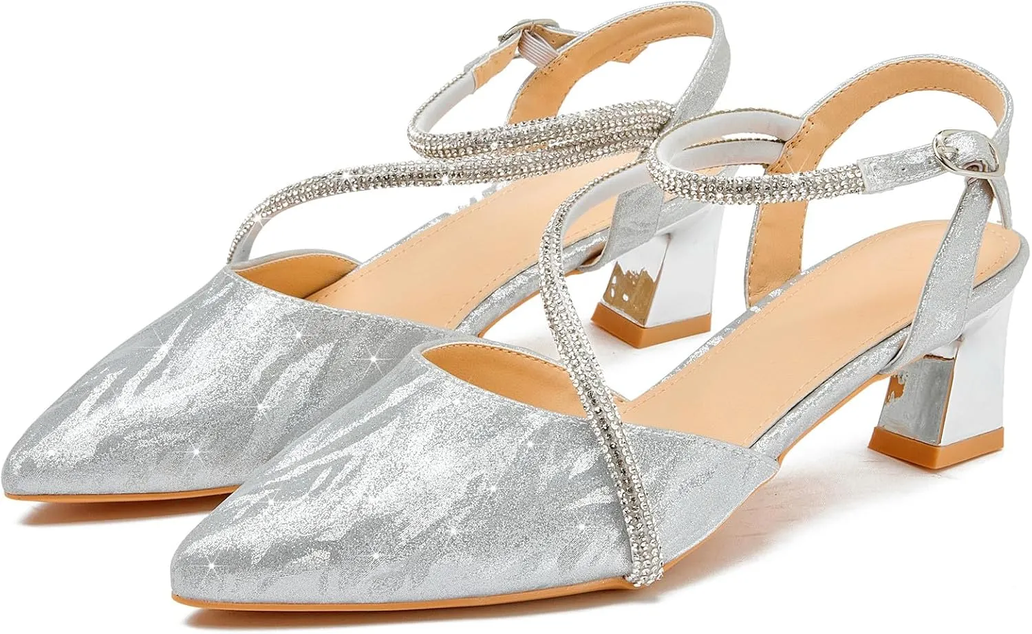DADAWEN Women's Slingback Low Chunky Heels Closed Pointed Toe Rhinestone Ankle Strap Wedding Party Dress Pump Shoes