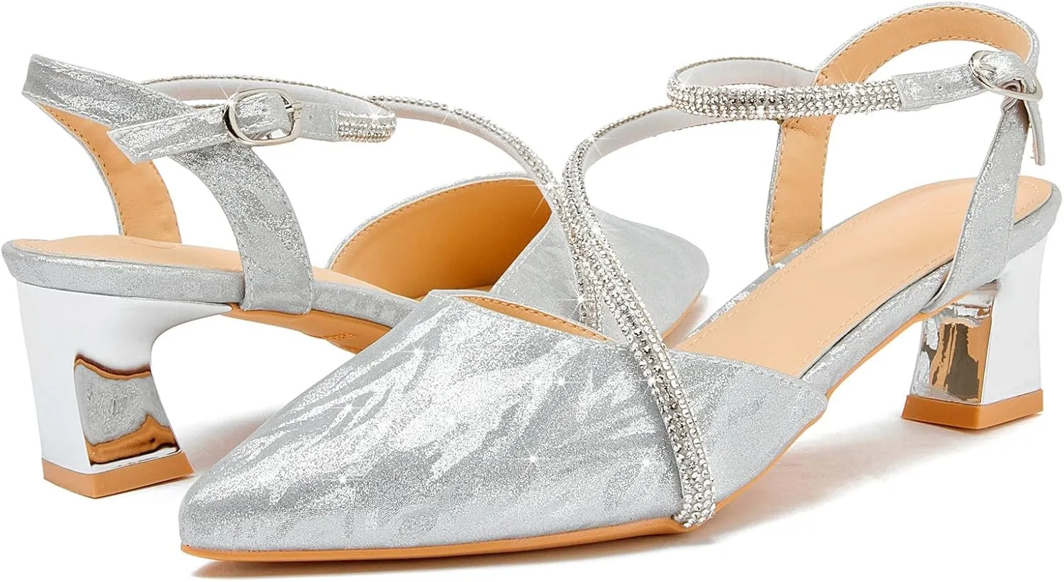 DADAWEN Women's Slingback Low Chunky Heels Closed Pointed Toe Rhinestone Ankle Strap Wedding Party Dress Pump Shoes