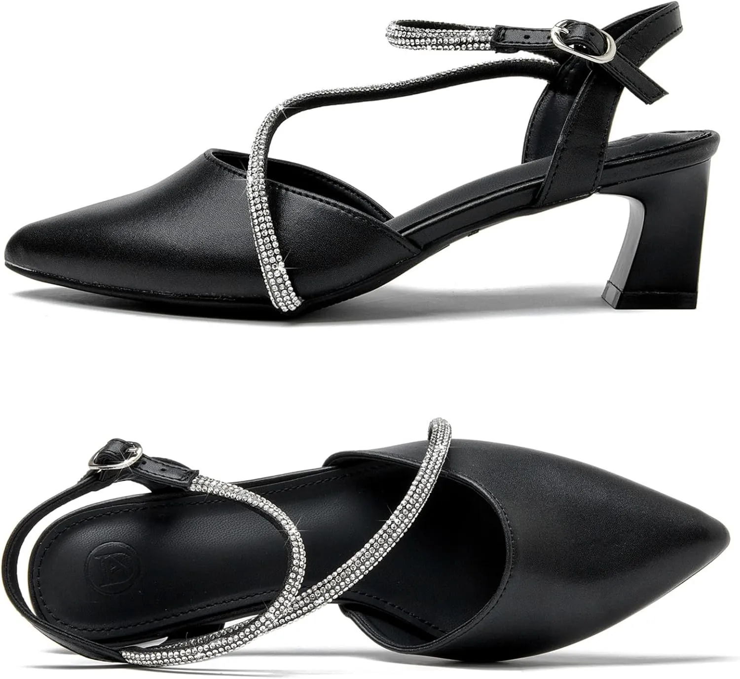 DADAWEN Women's Slingback Low Chunky Heels Closed Pointed Toe Rhinestone Ankle Strap Wedding Party Dress Pump Shoes