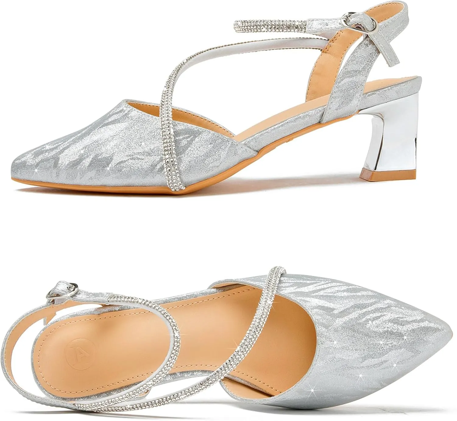 DADAWEN Women's Slingback Low Chunky Heels Closed Pointed Toe Rhinestone Ankle Strap Wedding Party Dress Pump Shoes