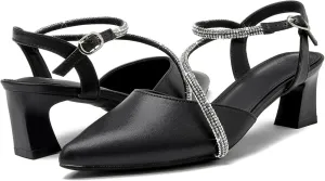 DADAWEN Women's Slingback Low Chunky Heels Closed Pointed Toe Rhinestone Ankle Strap Wedding Party Dress Pump Shoes