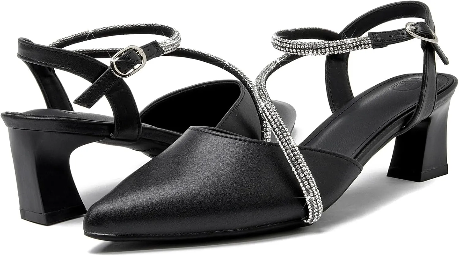 DADAWEN Women's Slingback Low Chunky Heels Closed Pointed Toe Rhinestone Ankle Strap Wedding Party Dress Pump Shoes