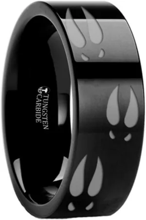 DEER TRACK Animal Track Deer Hoof Print Flat Black Tungsten Ring 4mm Wide Wedding Band