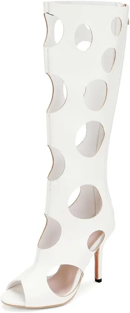 DINTAHA Peep Toe Knee High Heel Sandals Cage Sandal Heels Open Toe Knee High Stiletto Boots