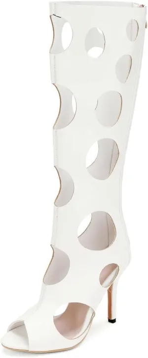 DINTAHA Peep Toe Knee High Heel Sandals Cage Sandal Heels Open Toe Knee High Stiletto Boots