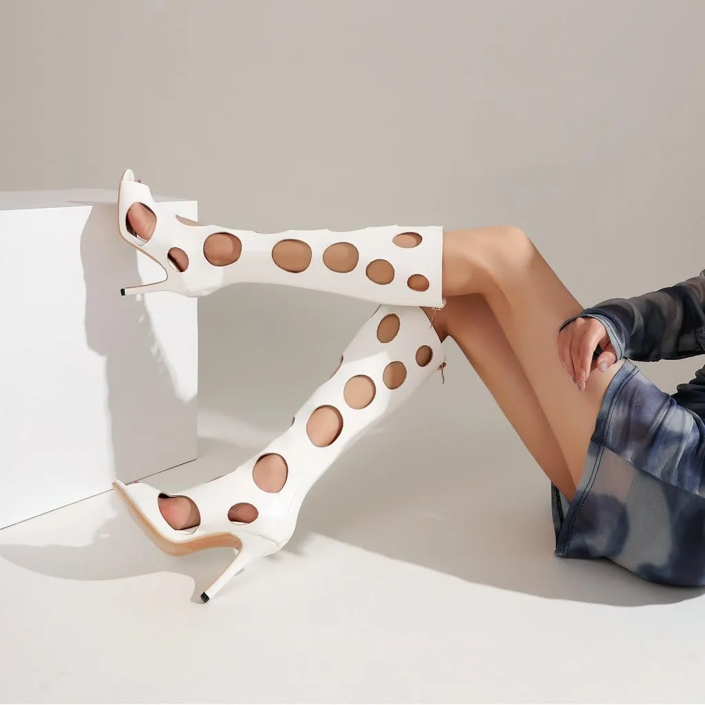 DINTAHA Peep Toe Knee High Heel Sandals Cage Sandal Heels Open Toe Knee High Stiletto Boots