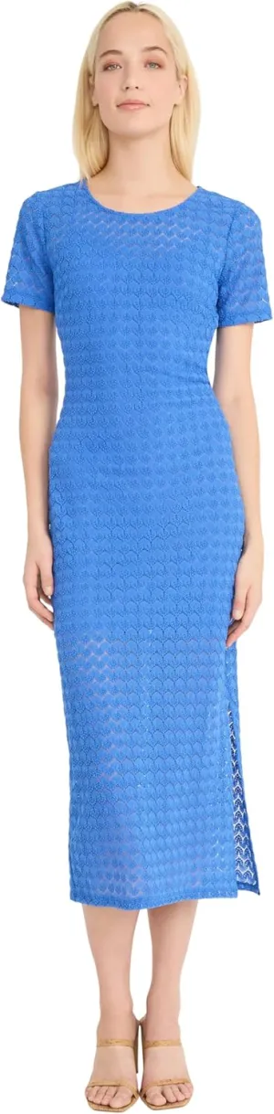 Donna Morgan Women's Short Sleeve Round Neck Fitted Midi Length Side Slit Special Occasion Cocktail Dress