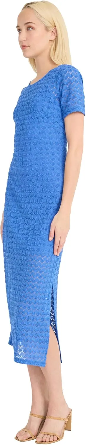 Donna Morgan Women's Short Sleeve Round Neck Fitted Midi Length Side Slit Special Occasion Cocktail Dress
