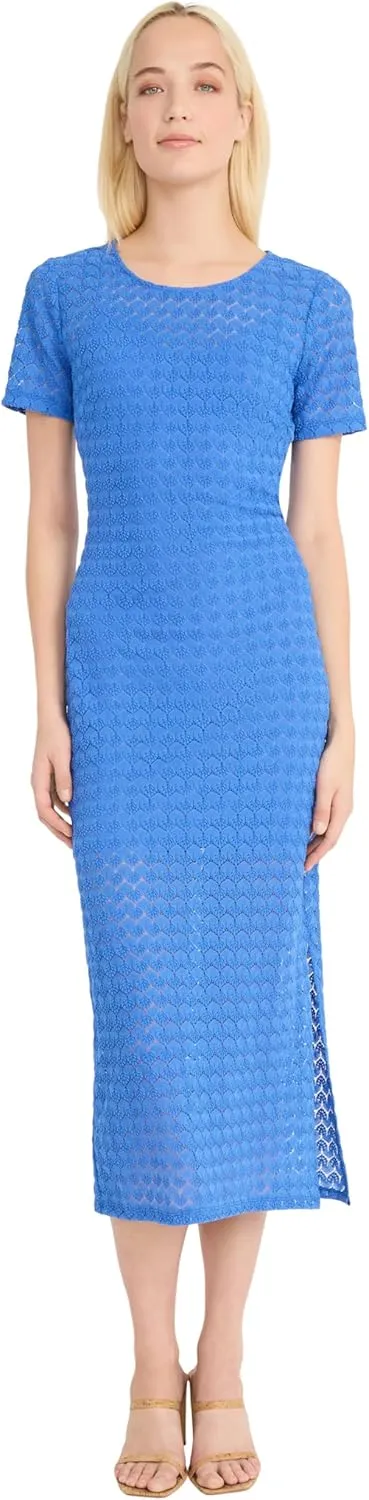 Donna Morgan Women's Short Sleeve Round Neck Fitted Midi Length Side Slit Special Occasion Cocktail Dress