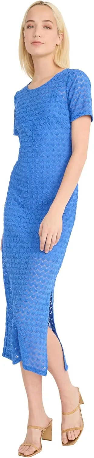 Donna Morgan Women's Short Sleeve Round Neck Fitted Midi Length Side Slit Special Occasion Cocktail Dress