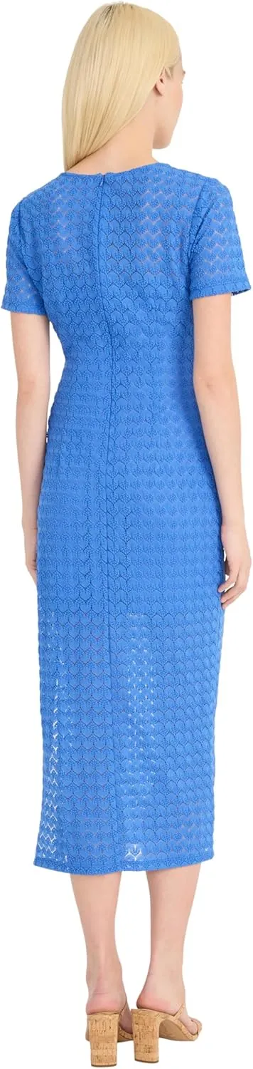 Donna Morgan Women's Short Sleeve Round Neck Fitted Midi Length Side Slit Special Occasion Cocktail Dress