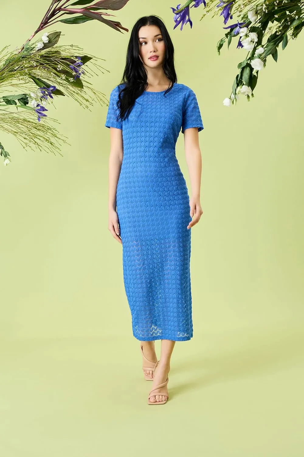 Donna Morgan Women's Short Sleeve Round Neck Fitted Midi Length Side Slit Special Occasion Cocktail Dress