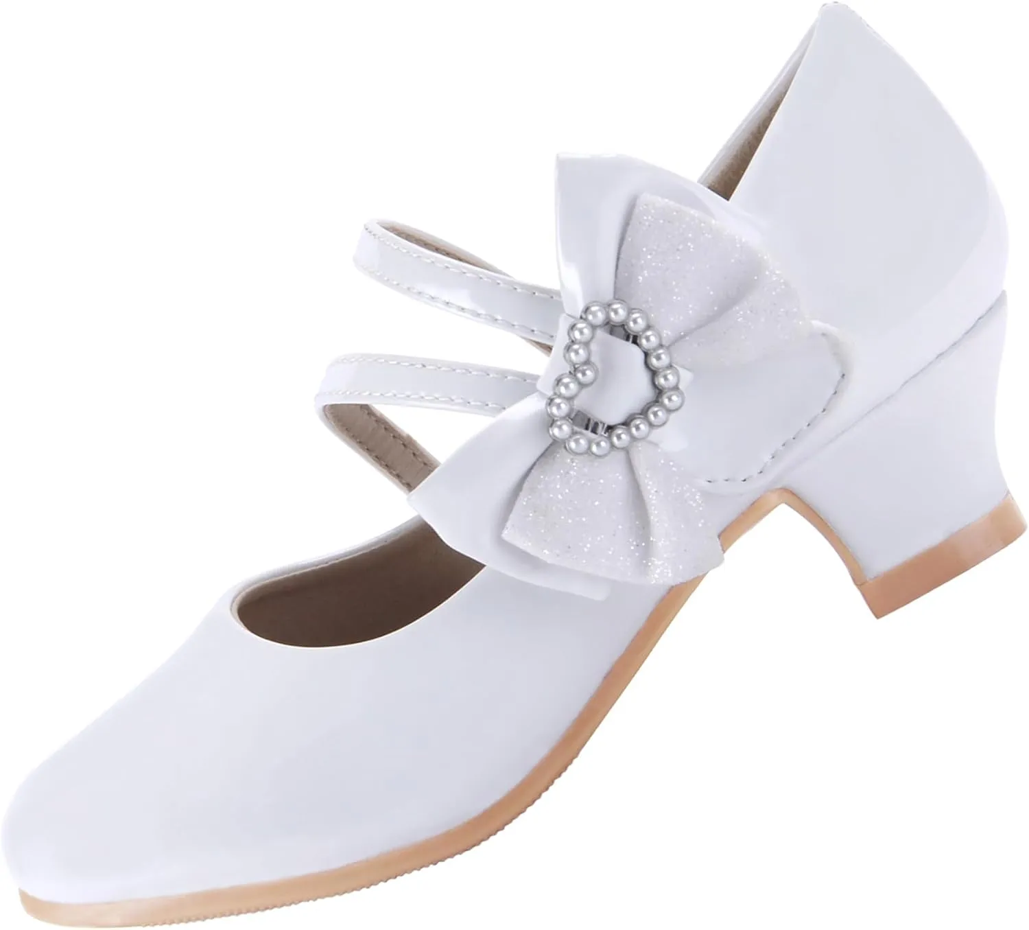 EIGHT KM Girls High Heel Dress Shoes Mary Jane Princess Wedding Party Pump Shoes EKM7035 Patent Leather Heart Pearl Bow White US Little Kid Size 12
