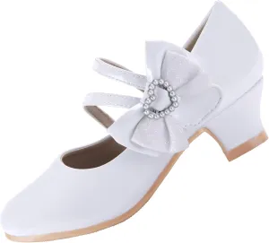 EIGHT KM Girls High Heel Dress Shoes Mary Jane Princess Wedding Party Pump Shoes EKM7035 Patent Leather Heart Pearl Bow White US Little Kid Size 12