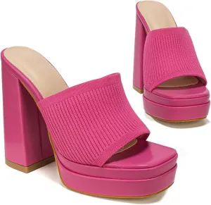Elegant High Chunky Heel Mule Sandals for Women Chic Platform Summer Slip-Ons Block Heel Wedge Shoes with Knit Upper Fashionable Dressy Evening Party Shoes