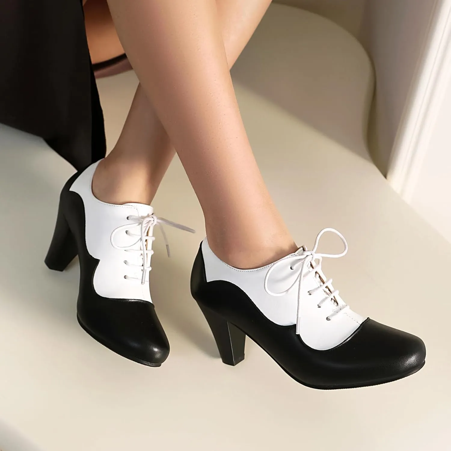Elerhythm Women's Mary Jane 1920s Pump Heels Oxford Classic and Retro Lace Up Two Tones 1950s Vintage Round Closed Toe 1940s Shoes