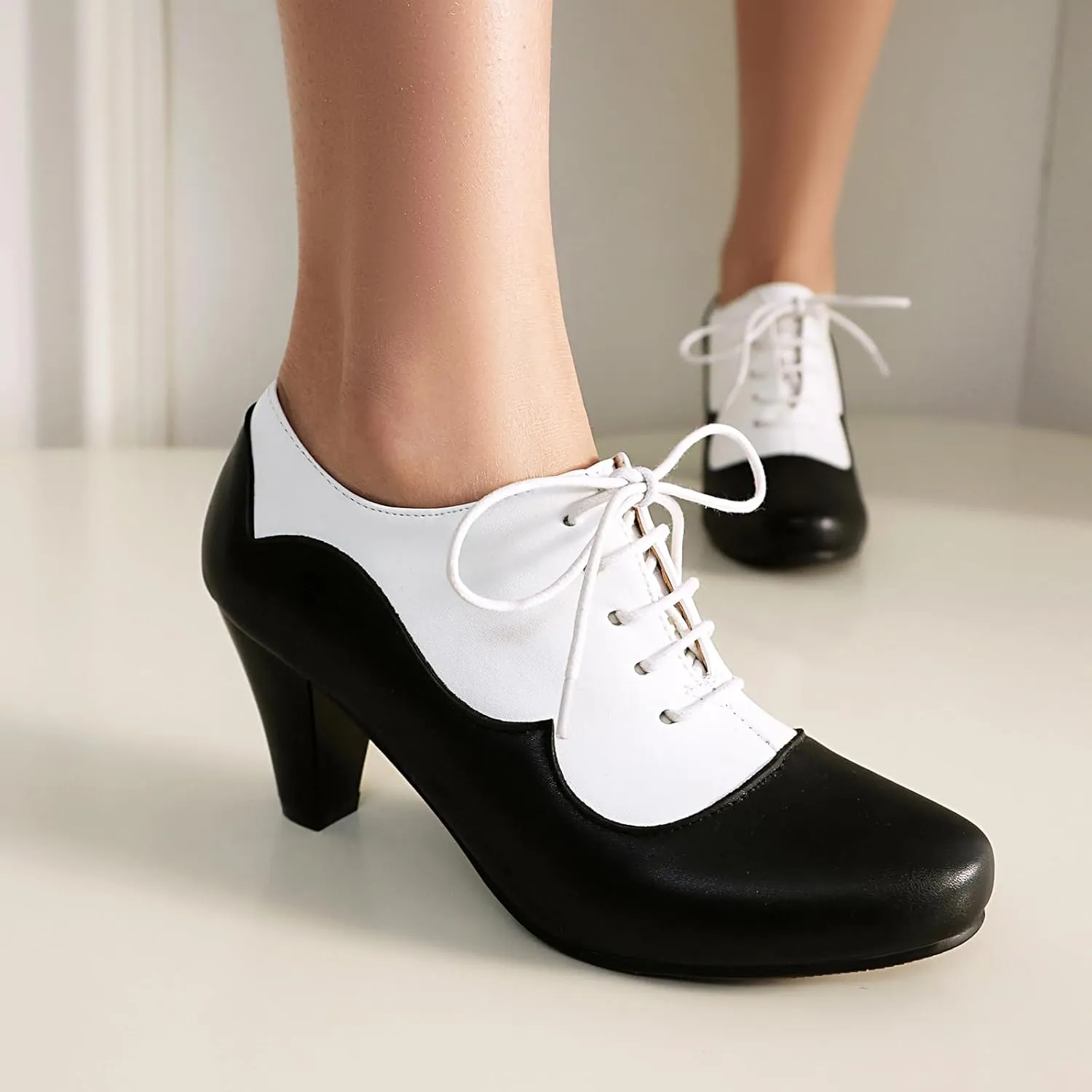 Elerhythm Women's Mary Jane 1920s Pump Heels Oxford Classic and Retro Lace Up Two Tones 1950s Vintage Round Closed Toe 1940s Shoes